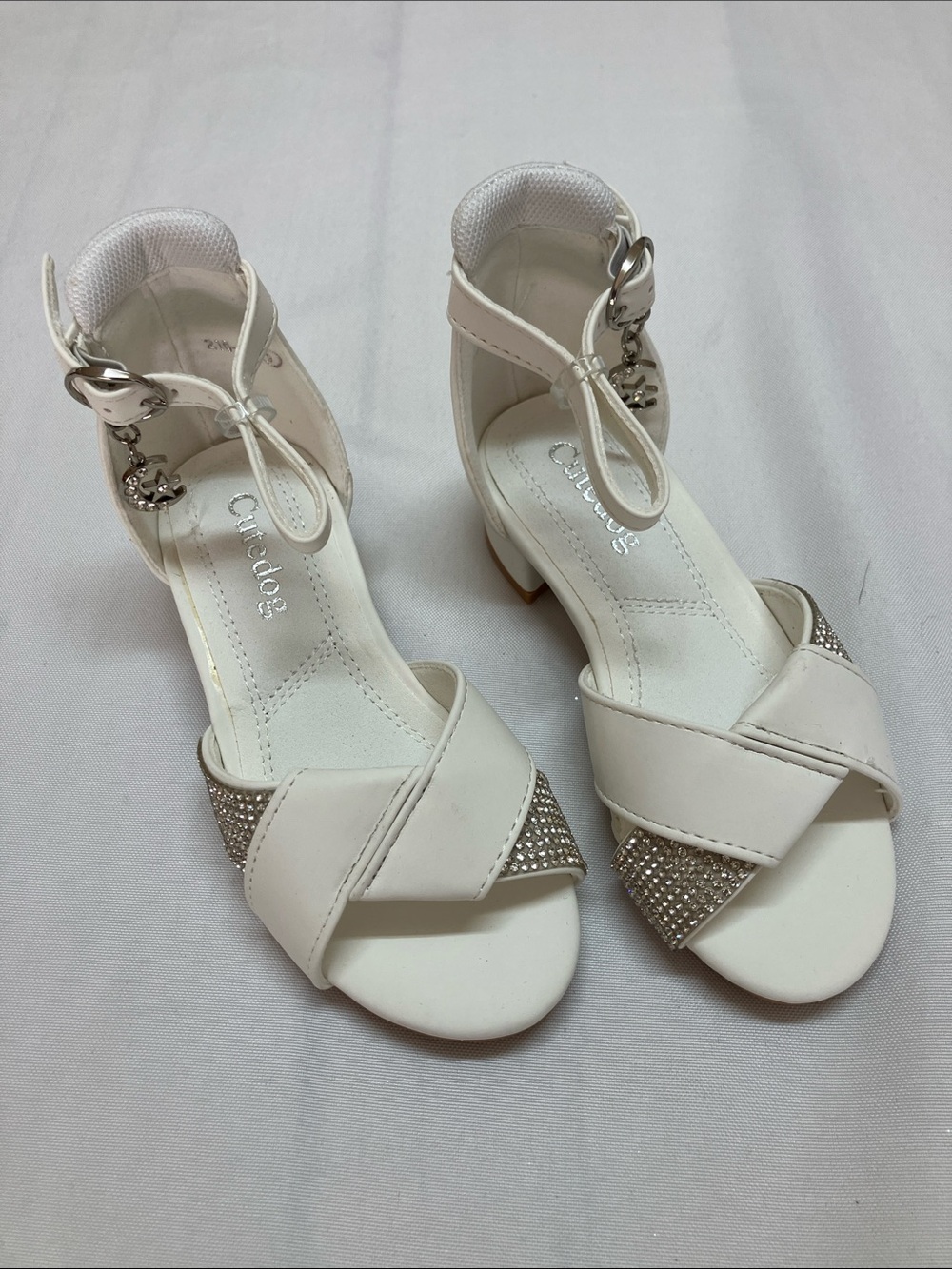 Girls' White Dress Sandals with Rhinestone Accent
